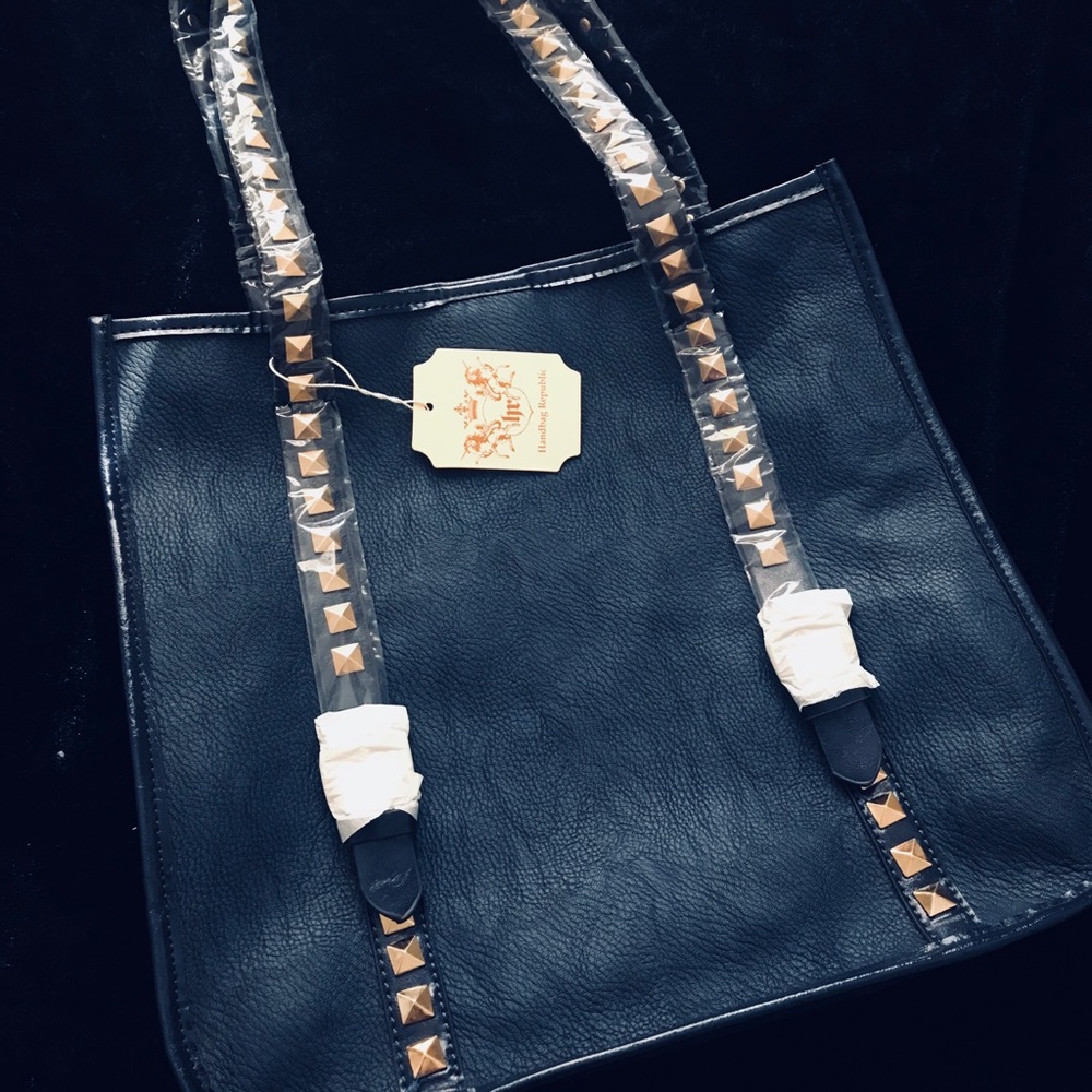 Faux leather Navy Blue Handbag Purse Gold Studs